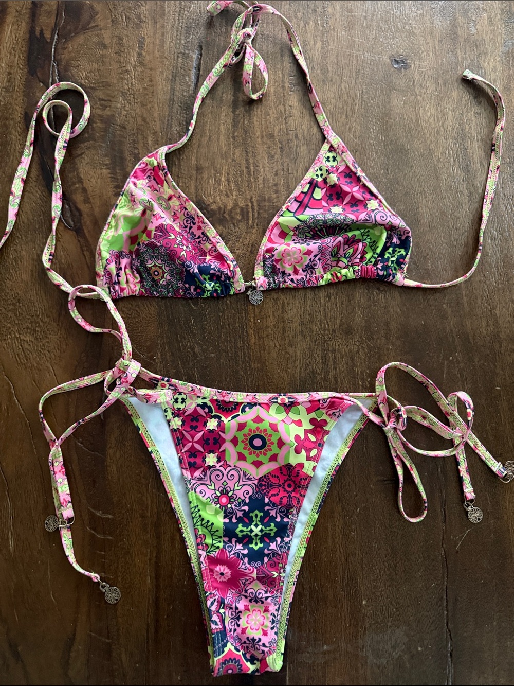 SHEIN Pink Floral & Green Tie-Side Bikini